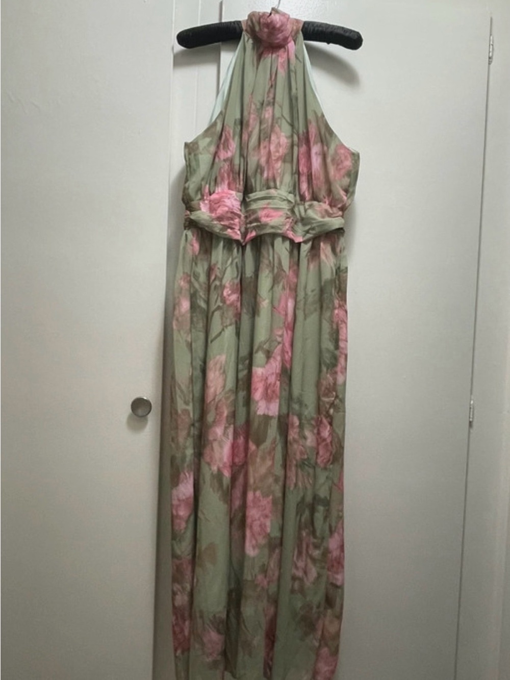 Sage Green Floral Halter Maxi Dress with Pink Blooms